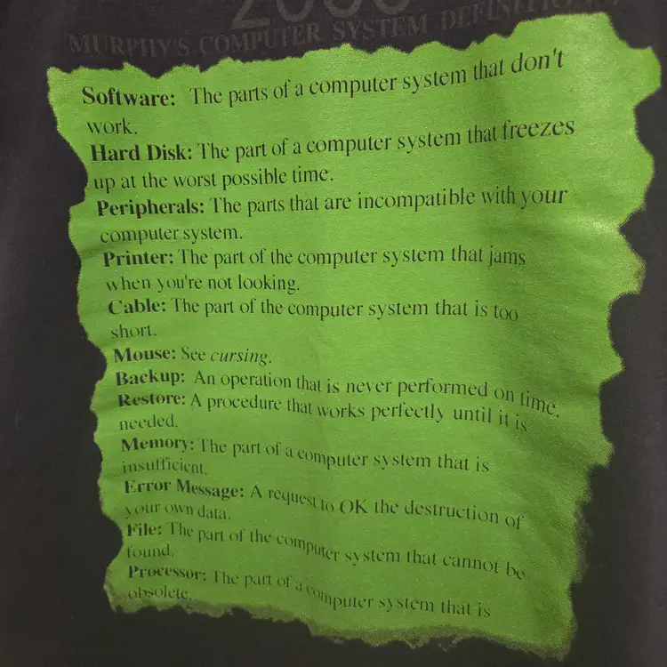 Murphy's Law Y2K Unisex Med - Navy SS T-shirt - Computer Definitions - NWT