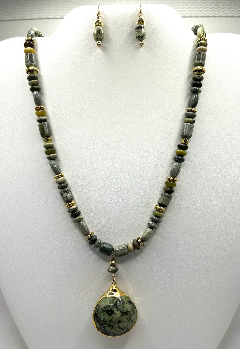 Phrenite and Moss Agate Gold Tone Beaded Necklace and Earring Set Made By Me