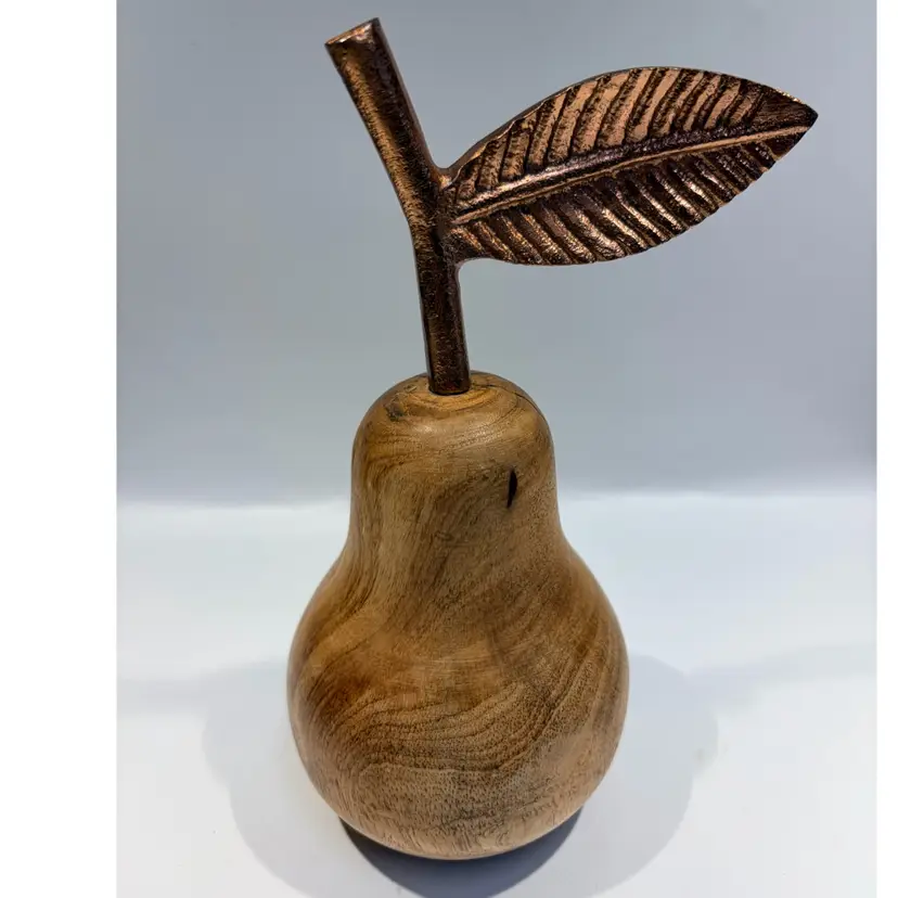 Pear- Wood With Copper Tone Stem/Leaf 6.75”