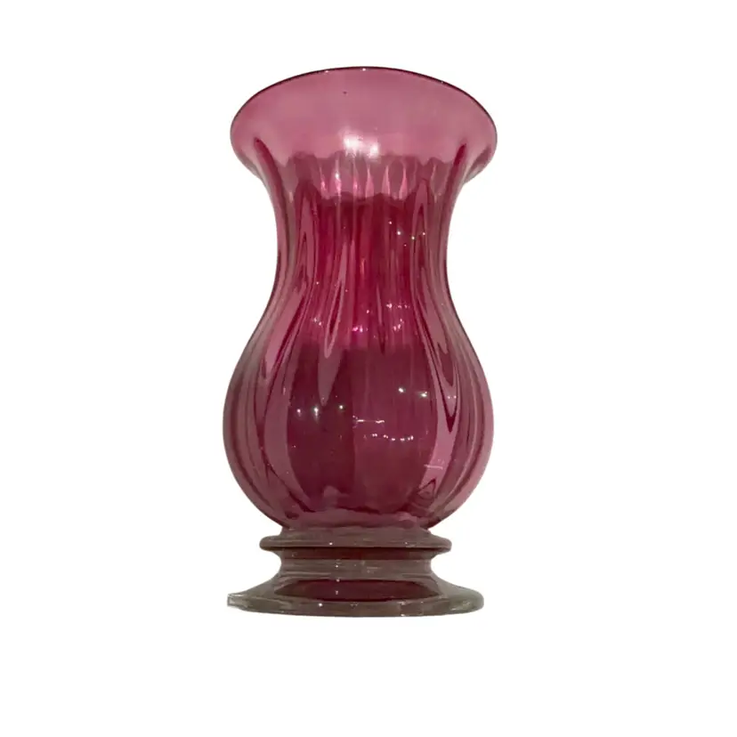 Vintage Signed Art Reed 2000 Cranberry Hand Blown Glass Fluted Pink Footed Hard To Find Iridescent