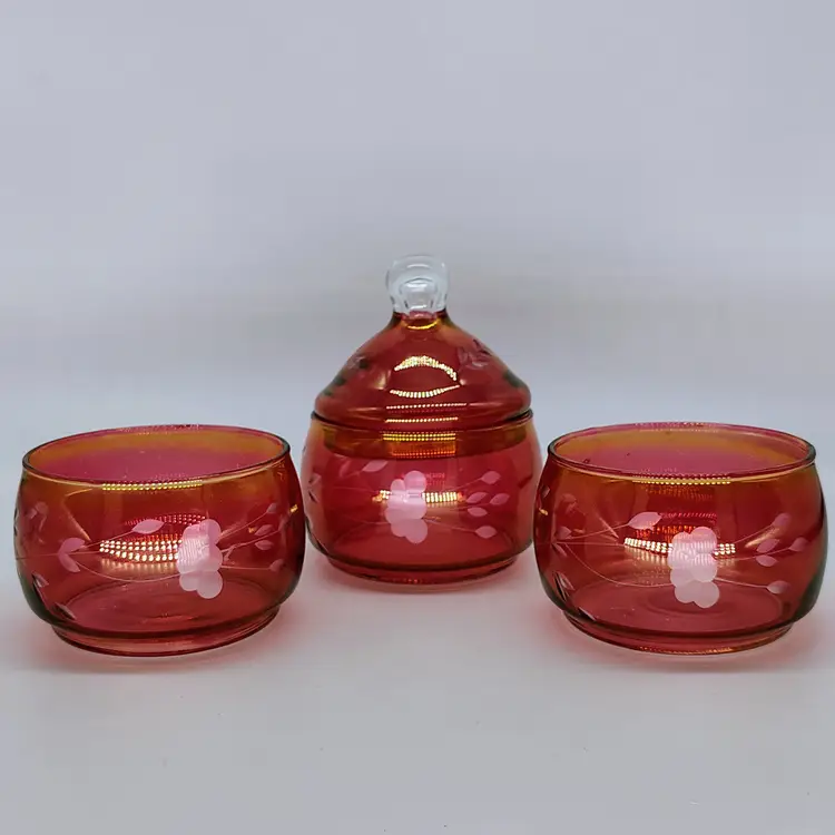 Vtg Princess House Cranberry Etched Glass Candy Dish Tower