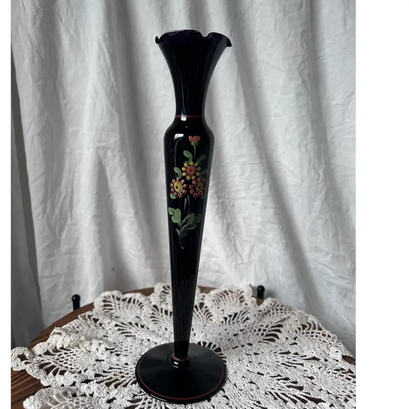 Vintage Beautiful Tiffin Black Amethyst Glass Bud Vase Enamel Flowers