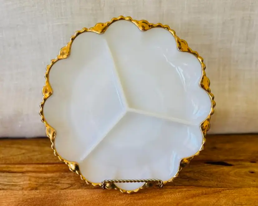 Fire King Anchor Hocking Divided Dish Relish Tray White Milk Glass Gold Trim 10"