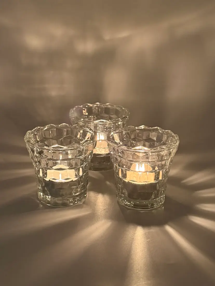 Set Of 3 Indiana Glass Votive Tea Light Candle Holders Vintage Clear Cubist