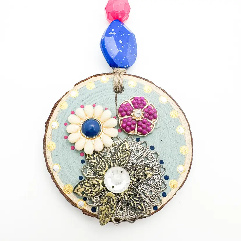 Flower Handmade Bauble Ornament Repurposed Jewelry Bead and Dot Painting Accents
