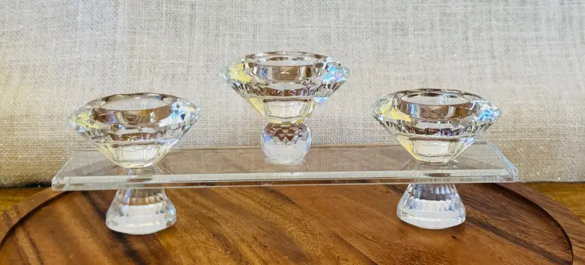 #01 - Trio Tea Light, Votive, Candle Stick Holder. Crystal. Unknown Brand. Used.