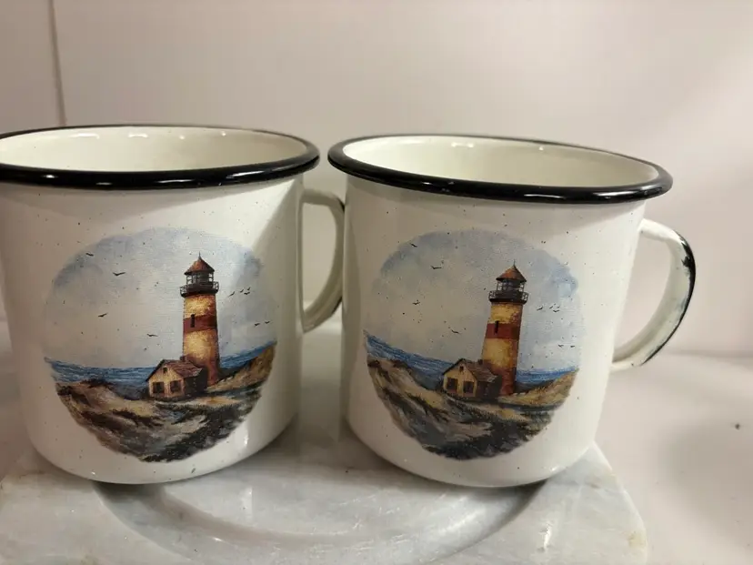 Metal Lighthouse Scene Coffee Tea Mugs By Lee Seed Co.