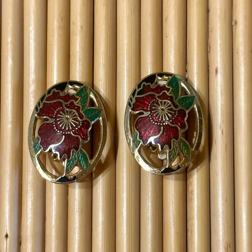 Openwork Floral Cloisonné Clip On Earrings