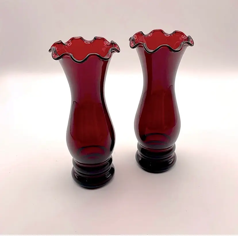 Vintage Pair Anchor Hocking Ruby Red  6" Vase Depression Glass Scalloped Rim