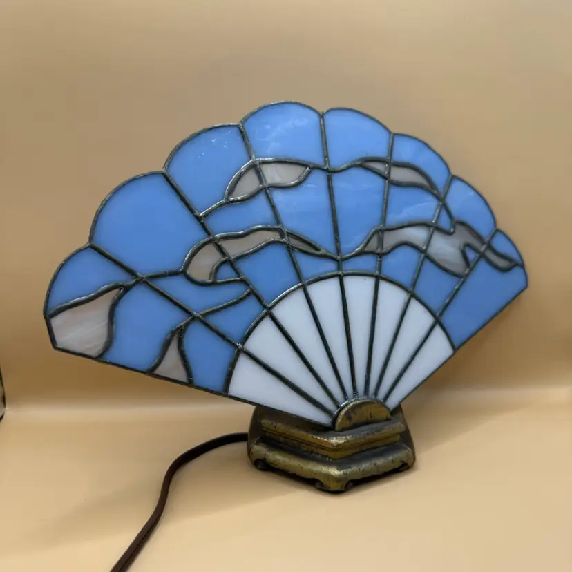 Art Deco Blue Sky Design Stained Glass Scalloped Fan Boudoir Lamp On Hex Ornate Brass Base 7x12” +7’ Cord