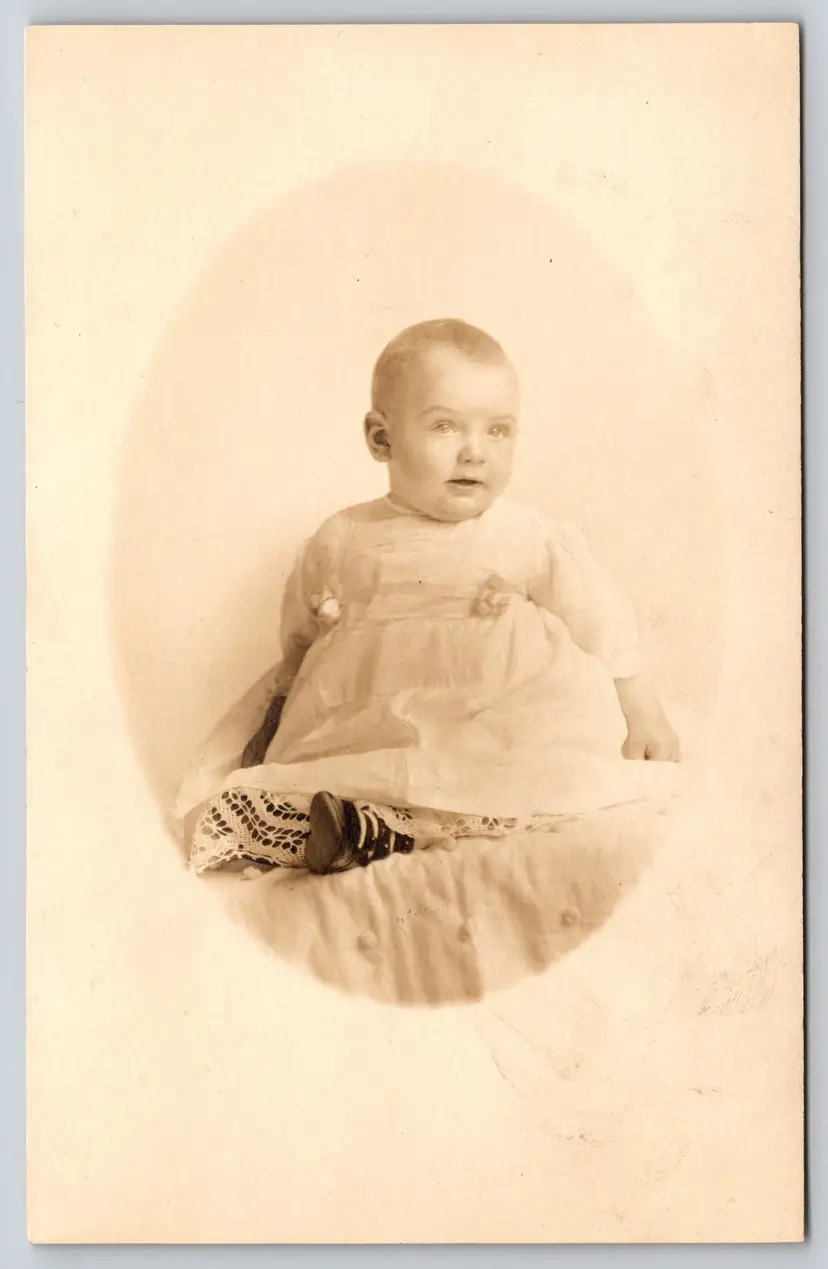 Postcard RPPC Cute Baby in White Dress Real Photo Oval Vignette -  9260