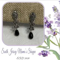 Vintage Avon Silver Tone Faux Marcasite And Black Glass Art Deco Clip Earrings
