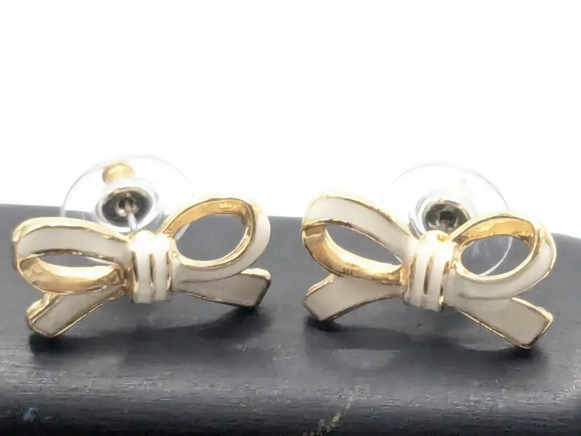 Vintage Gold Tone White Bow Pierced Earrings