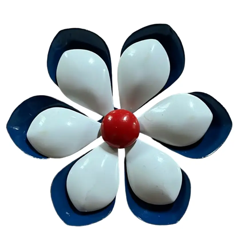 Vintage Large Enamel Flower Brooch Pin Fourth Of July Colors Red White Blue