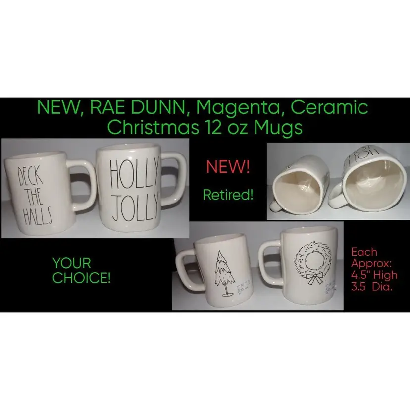 'HOLLY JOLLY', and 'DECK THE HALLS', Rae Dunn Magenta Artisan Collection 12oz. Coffee Mugs, NEW/UNUSED