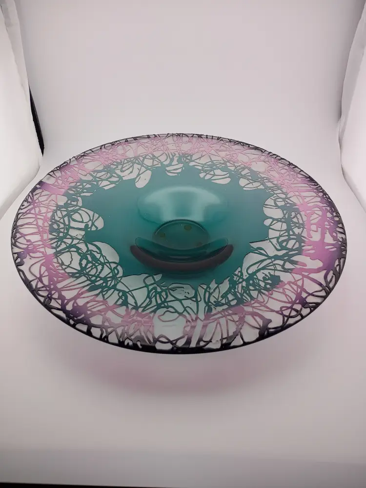 Purple and teal carved glass console bowl, Takacs