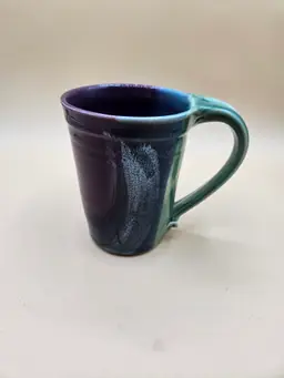 Purple Green Blue Pottery Coffee Mug 4.5"H, Signed, Studio Art