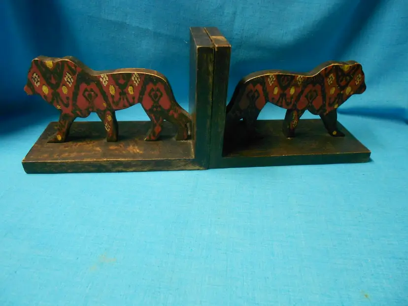 Vtg African Safari Hand Carved Wood Lion Bookends Folk Art  (BR2)