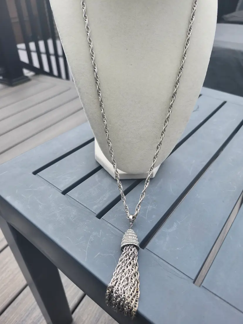 Vintage Monet Silvertone Tassel  Necklace
