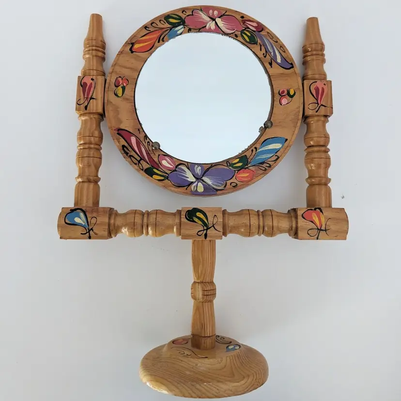 VTG Hand Painted Wood Folk Art Tabletop Vanity Mirror Boho Decor