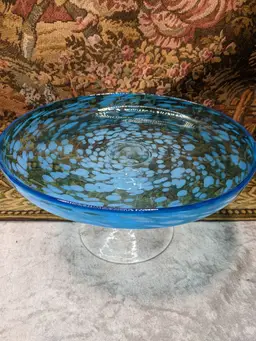 Hand Blown Pedestal Cake dish Plate Aqua Blue Heavy Spots Swirls Holiday Gift