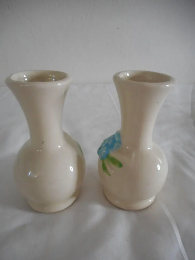 Pair Vintage USA pottery blue cream floral bud vase toothpick holder