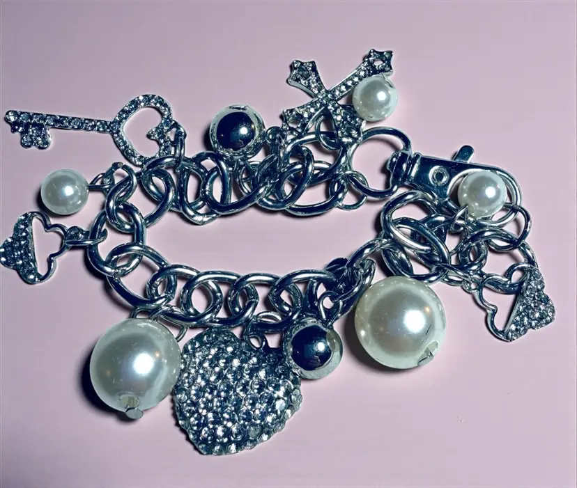 Silver Tone Faux Pearl & Rhinestone Heart - Cross - Key - Charm Bracelet- Slightly Adjustable- 8.25” Total Length