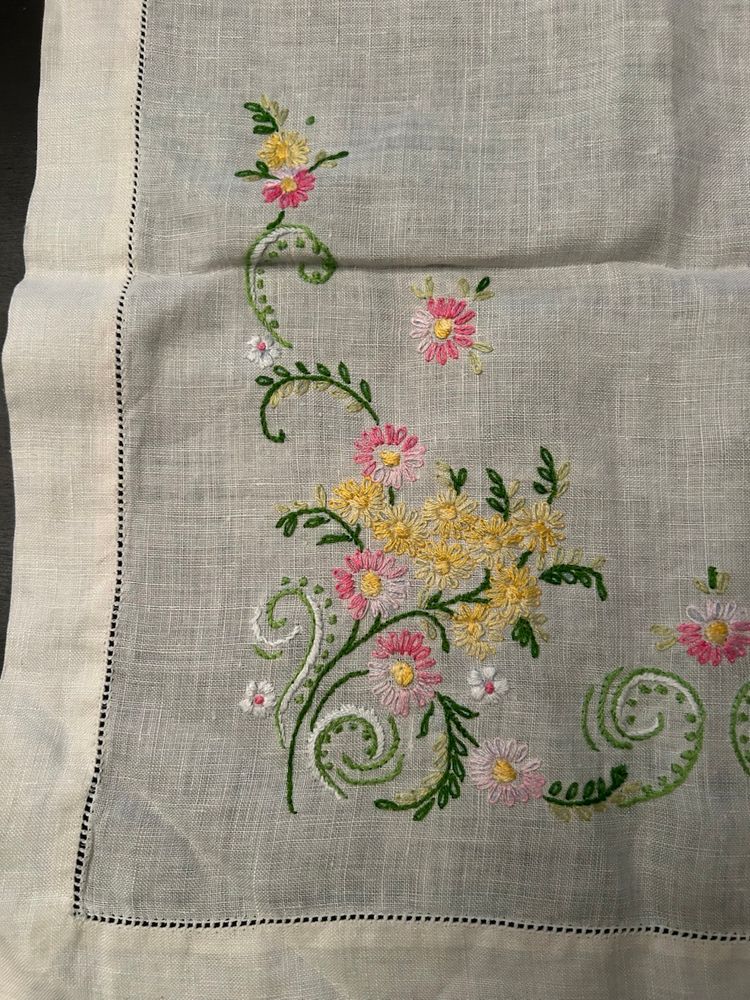 Vintage Hand, Embroidered Floral, Linen Table Runner, Or Dresser, Scarf