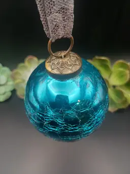 Vintage Teal Blue Crackle Glass Ornament/ Sun Catcher/ Orb with Brass End Cap and Jump Ring