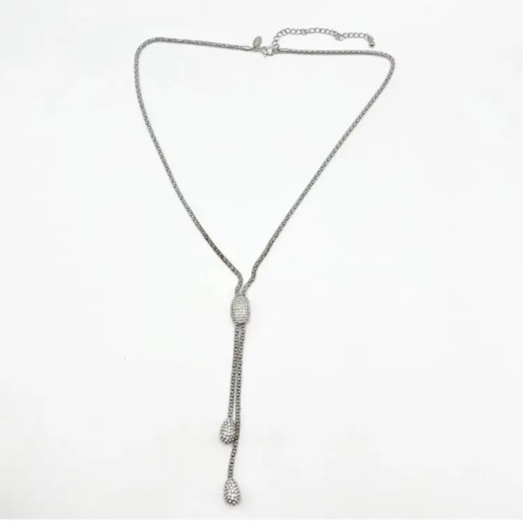 CHICO'S Rhinestone Statement Pave Crystal Lariat Rope Chain Necklace Silver Tone