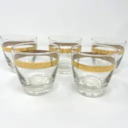 06 - Mid-Century Moroccan Gold Barware: Vintage Libbey Rocks Glasses Set of 5