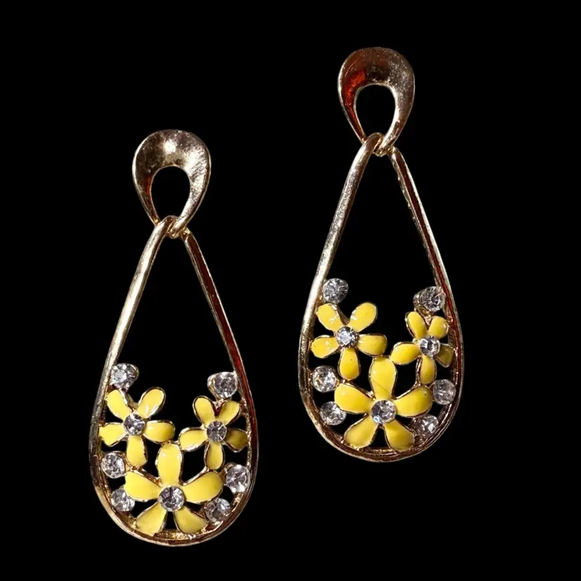 Enamel Yellow Flower Drop Earrings - For Pierced Ears