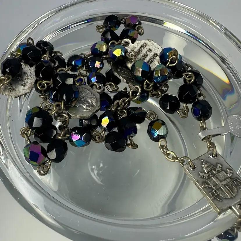 Italian Peacock Blue Iridescent Glass Bead Rosary w Pope -Basilicas 23”