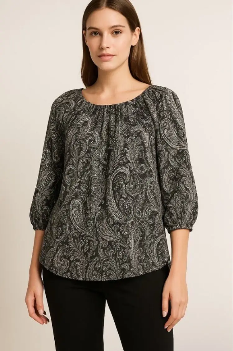Michael Kors Black White Paisley Blouse Women’s XL 3/4 Sleeve Boho Top