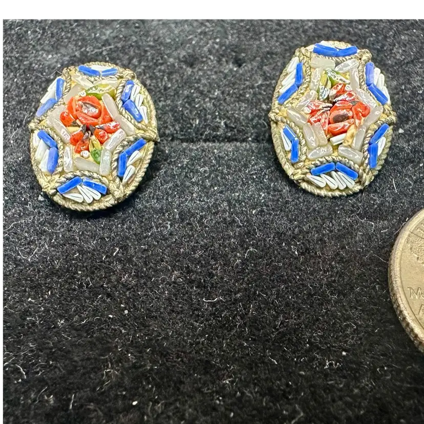 #18 Vintage Micro Mosaic Italian Gold Tone Earrings- Marked Made in Italy