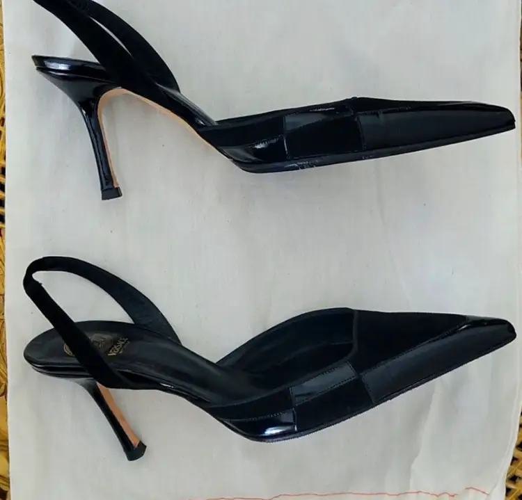 VERSACE Black Leather /Suede Pointed Toe Mules with Sling Back Woman’s Size 36.5