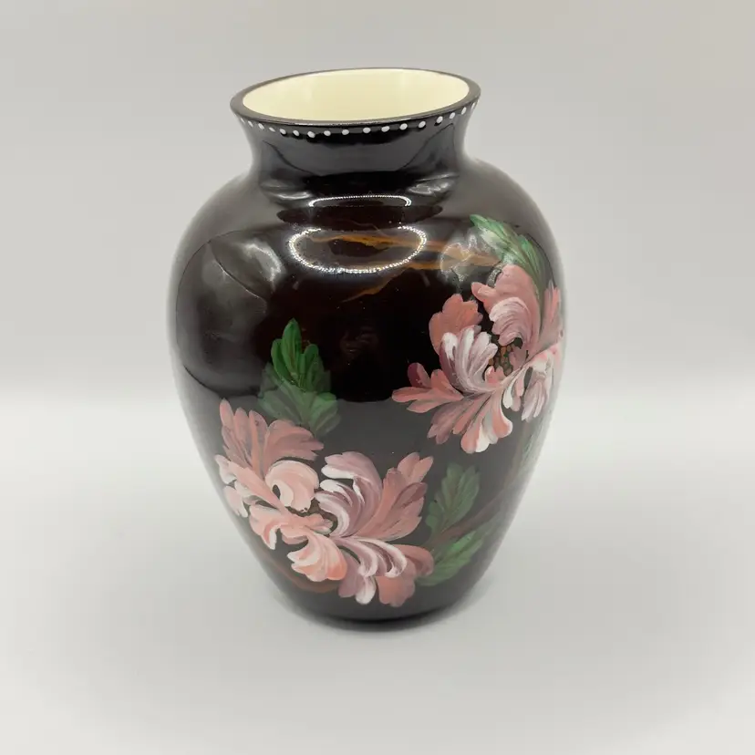Vintage Hand Painted Floral Ceramic Vase, Deep Purple Maroon with Pink Blossoms, Artist Signed Joan Pompa, Made in New York City, NY