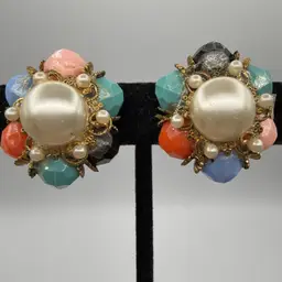Bead And Faux Pearl Cluster Clip Earrings