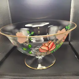 Vintage Romanian Footed Crystal Hand Painted Fruit/Salad Bowl