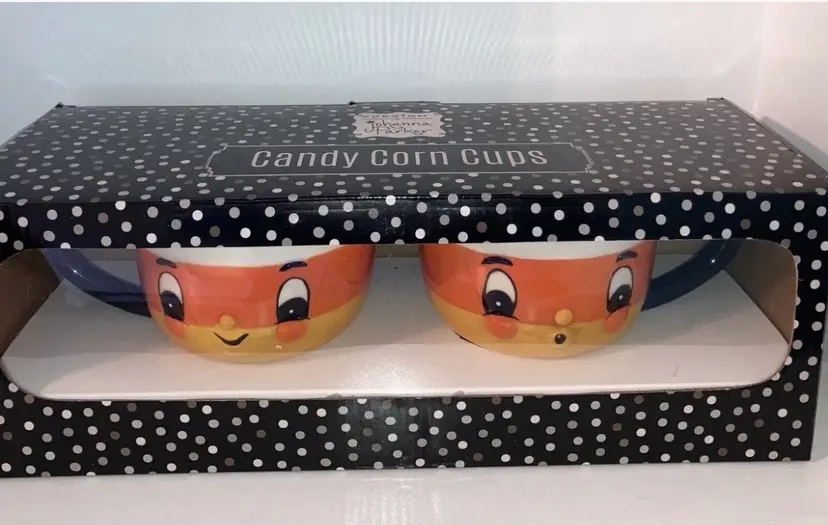 Johanna Parker Candy Corn Cups Halloween Mugs Bowls Anthropomorphic Set of 2 NIB