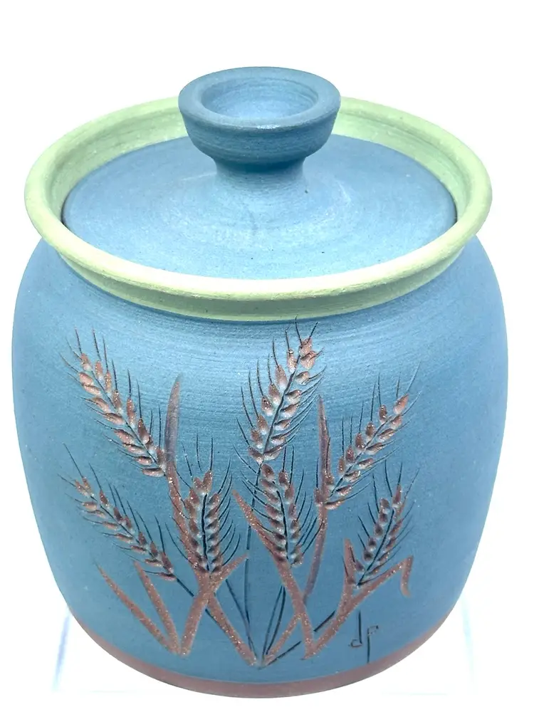 Studio Art Pottery Stoneware MCM Blue & Green Jar with Lid Signed by D. Paul