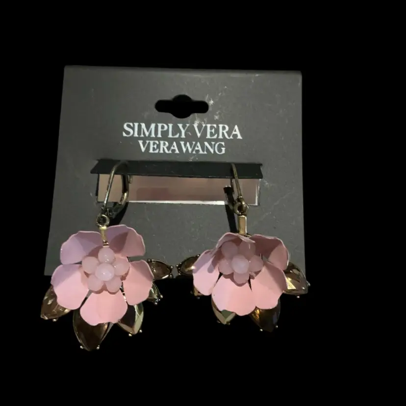Simply Vera Wang Pink Flower Rhinestone Dangle Lever Back Pierced Earrings.
