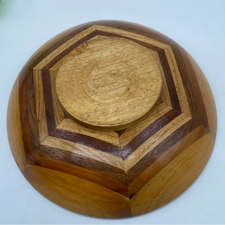 #4008 Vintage two-tone wooden bowl with geometric inlay pattern.