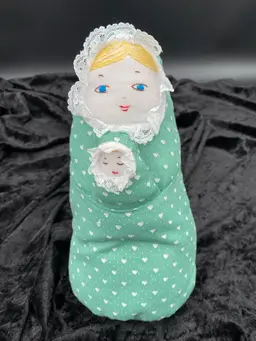 Patchwork Studio Handmade Doll, Mother and Baby, Green Hearts Cloth