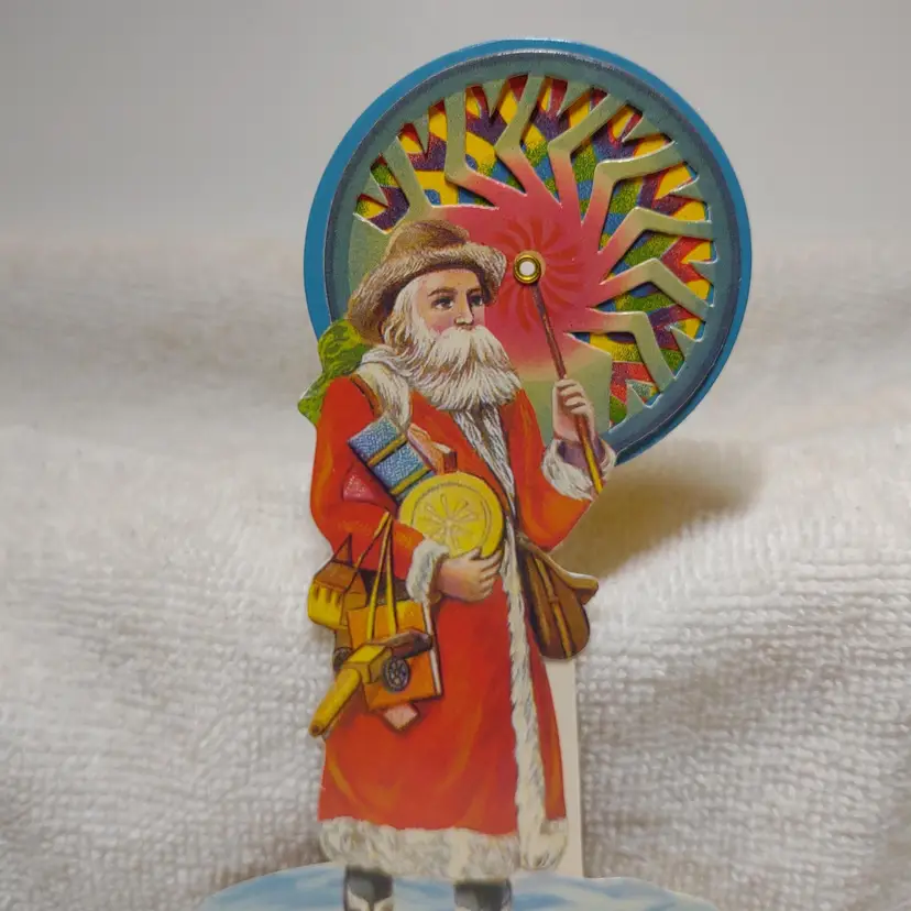 Santa Claus Diecut Spinning Moving Color Wheel PARASOL Stand Display Easel 1990