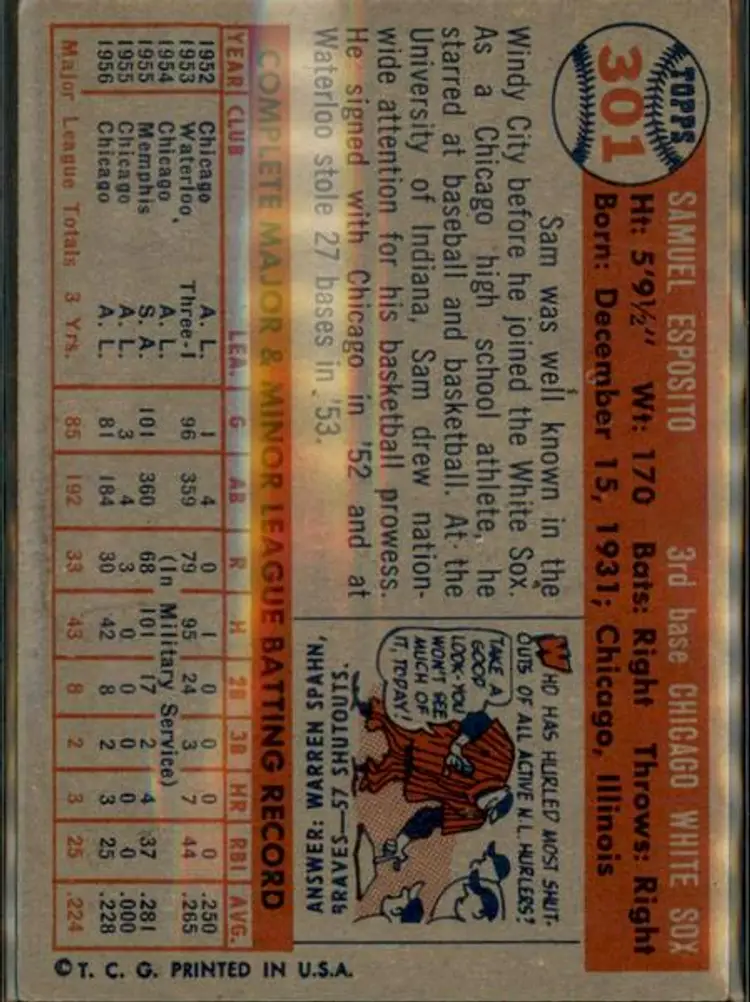 1957 Topps #301 Sam Esposito - ( pk1 ) - Chicago White Sox