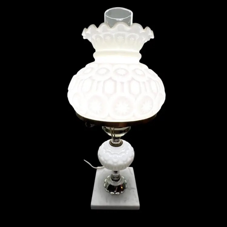 White Milk Glass Moon And Stars Hurricane Brass Lamp. Probably L.G. Wright. Overall 18” tall.  
Celestial Fabulous!