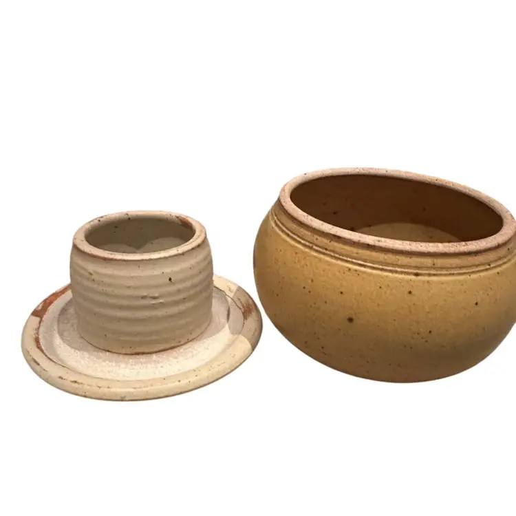 French Butter Bell Epic Signed Studio Pottery Signed 2 Pieces
