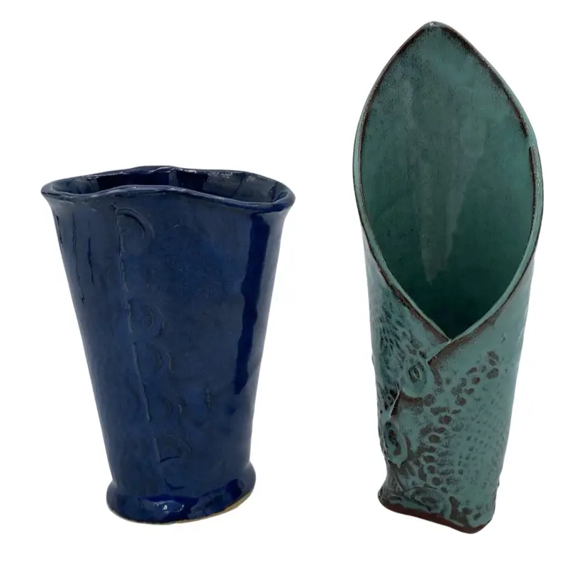 Pair (2) of Studio Pottery Vases, Signed M. Dugan, Embossed Designs, Blue/Green