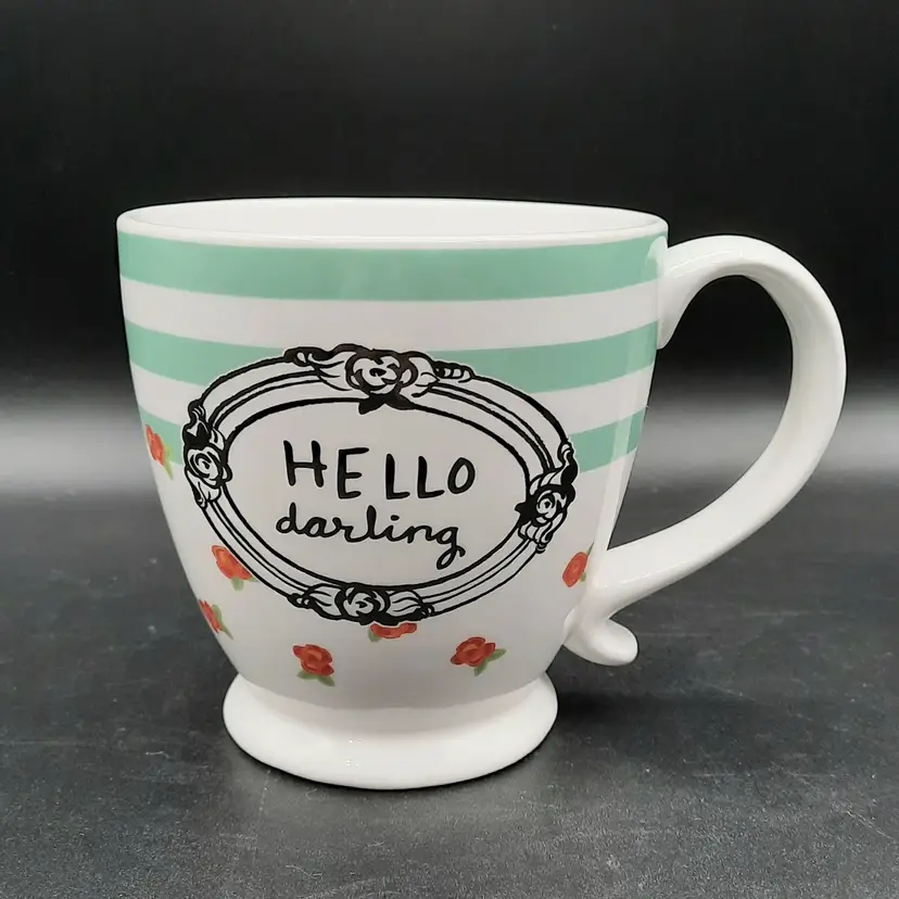 Hello Darling Mug by Clay Art Mint Green Stripes and Red Flowers